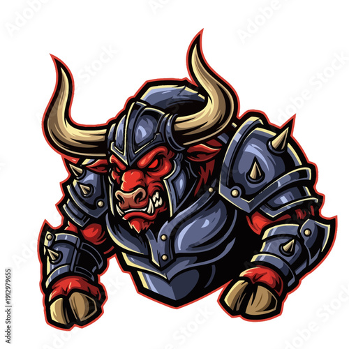 Fierce Red Bull Minotaur Warrior in Dark Armor with Horns.
