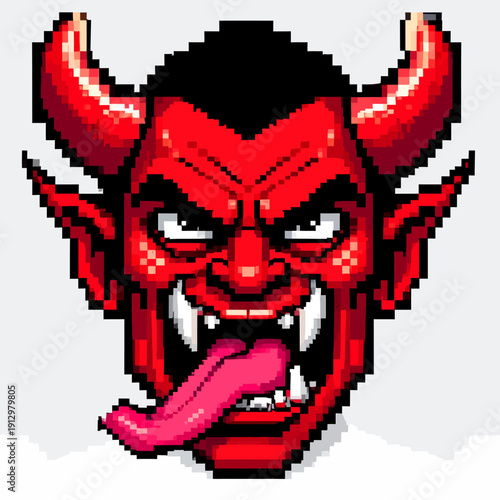 Vibrant pixel art depiction of a devil's face with sharp horns and a playful tongue sticking out,  capturing the essence of mischief and fantasy