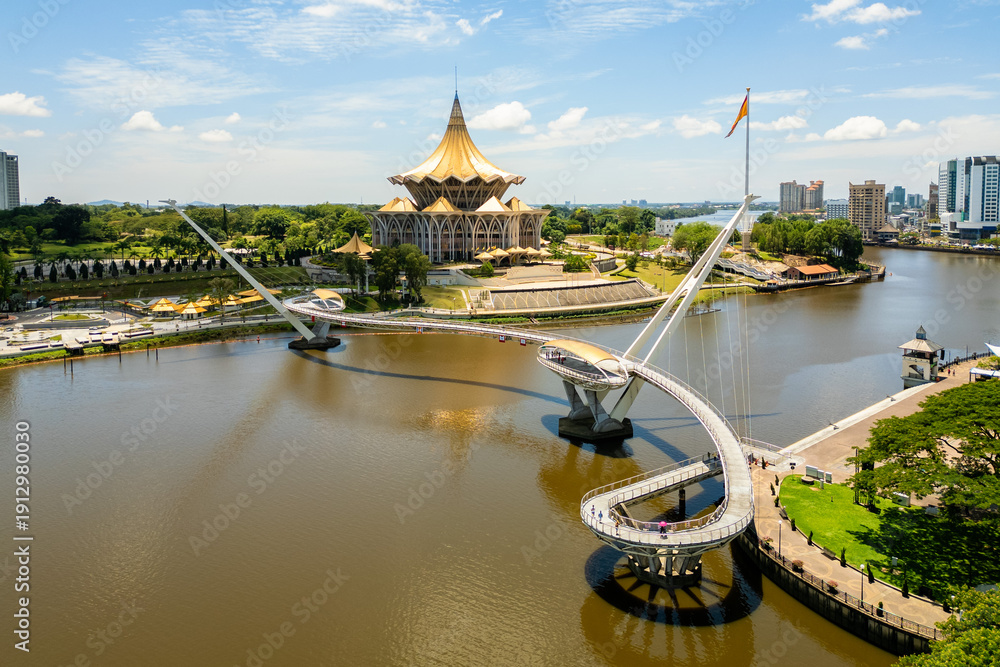 Fototapeta premium Aerial view of the waterfront of Sarawak river at Kuching, Sarawak, east Malaysia