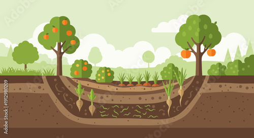 Illustration of a Hugelkultur Garden Bed with Fruit Trees.