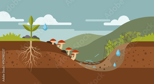 Illustration of plant roots mushrooms and water cycle in soil.