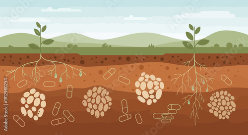 Illustration of plants with root nodules showing nitrogen fixation.
