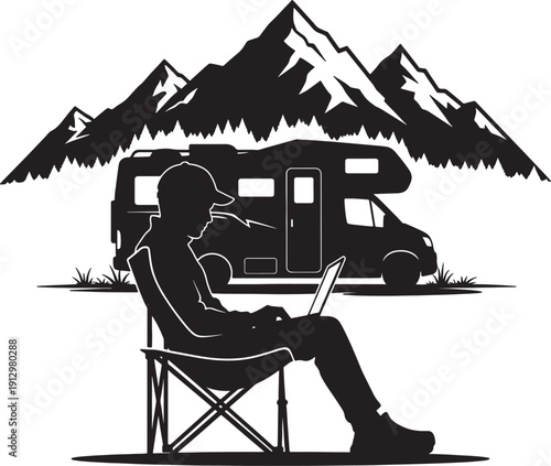 Man sitting in front of campervan with mountains