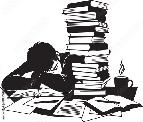 man studying with stack of books and papers on desk