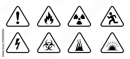 Warning Triangular Caution Signs Set - Professional Hazard Symbols for Flammable, Radiation, Slipping, and Electrical Danger Compliance