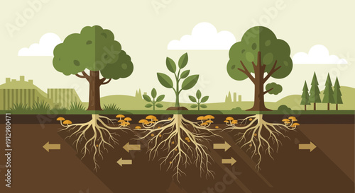 Interconnected Root Systems of Trees and Plants Facilitating Nutrient Exchange.