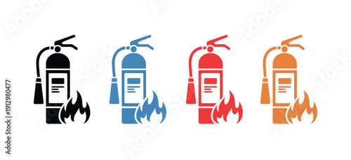 Vibrant fire extinguisher icons in multiple colour, clean vector illustrations for emergency response, safety awareness, fire hazard prevention, urgent preparedness, critical infrastructure protection