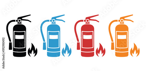 Vibrant fire extinguisher icons in multiple colours, vector illustrations symbolising urgent safety, essential preparedness for emergencies, fire prevention, hazard awareness, workplace safety, and 