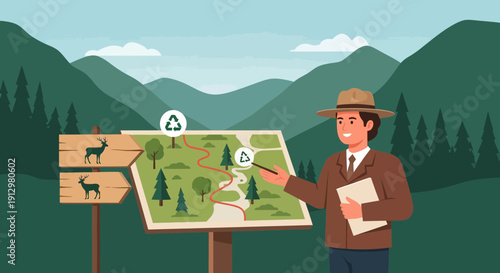 Park ranger explaining map in nature reserve.