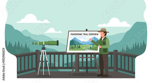 Park Ranger Explaining Trail Overview with Telescope and Scenic Backdrop.