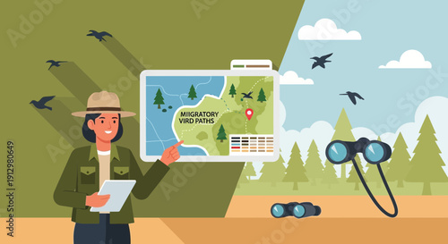 Park Ranger Explaining Map with Binoculars and Birds Illustration.