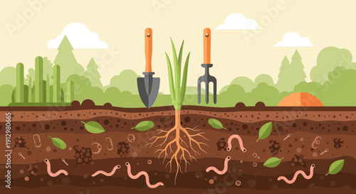 Plant Growth and Soil Ecosystem with Worms and Gardening Tools.