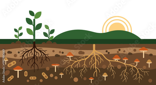 Plant and Fungi Symbiosis A Mycorrhizal Network Illustration.