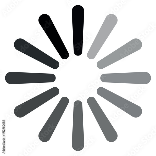 Circular loading spinner icon, radial gradient bars, digital interface element
