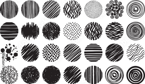 Set of black and white circular patterns with various textures and designs