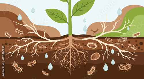 Plant Root System with Water and Microorganisms Illustration.