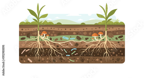 Plant roots and soil layers illustration with fungi and organisms.