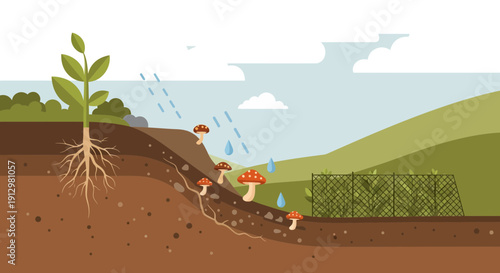 Plant with Root System and Mushroom Network in Soil Illustration.