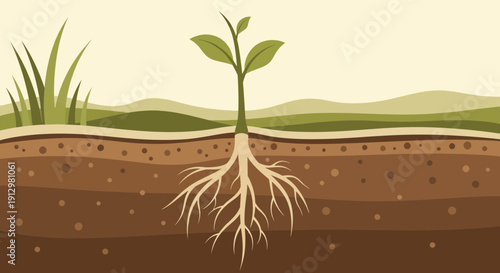 Plant with Roots Extending Deep into Soil Layers Illustrating Growth and Stability.