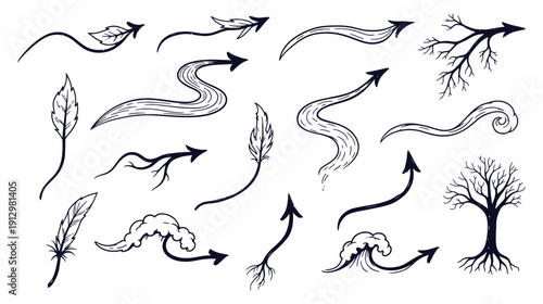 Nature-inspired hand-drawn arrows and symbols, featuring flowing lines, leaves, feathers, trees, and clouds, suggesting natural progression and change.