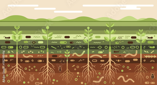 Soil Layers and Plant Roots A Detailed CrossSection Illustration.