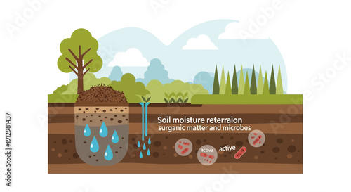 Soil Moisture Retention Organic Matter and Microbes Illustration.