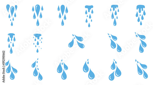 Collection of stylized blue water drops and splashes, perfect for representing hydration, cleaning, and liquids in design projects.