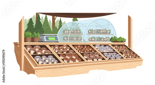 Vegetable Stand with Fresh Produce and Greenhouse Backdrop.