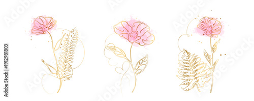 Elegant gold line flower with fern leaf, minimal botanical decorative illustration. Minimal gold line flower combined with fern leaf, elegant botanical composition.