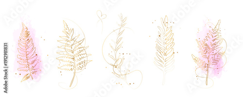 Minimal gold line fern leaf set with watercolor splash, elegant botanical illustration. Elegant gold line fern leaves with watercolor accents, modern botanical decorative collection.