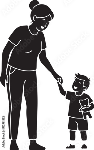 Black silhouette of a babysitter with child on a white background, minimal outline