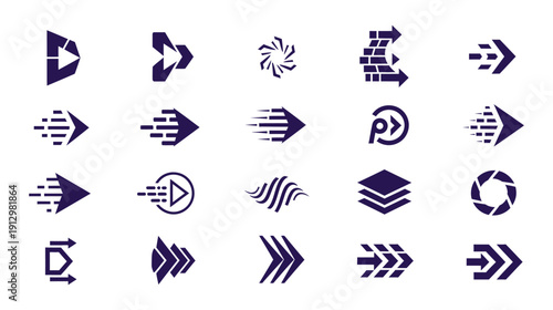 Assorted dark blue vector icons featuring arrows, play buttons, and abstract shapes for navigation and action elements.
