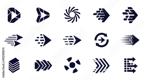 Dynamic set of dark blue vector icons showcasing various arrow styles, play buttons, and abstract motion graphics for digital use.