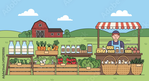 Vibrant Farmers Market Scene with Fresh Produce and Local Vendor.