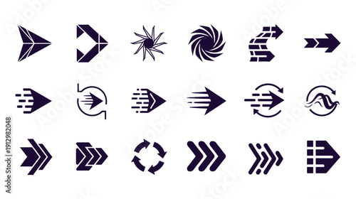Versatile collection of dark blue arrow and directional icons, including speed lines, cycles, and abstract forms for modern design.