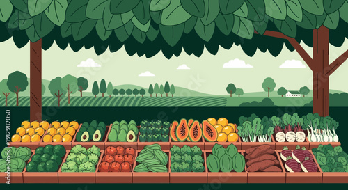 Vibrant Farmers Market Stall Displaying Fresh Produce.