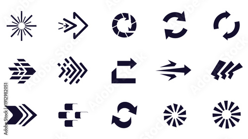 Collection of dark blue vector icons representing motion, direction, and cycles, including arrows, spins, and geometric patterns.