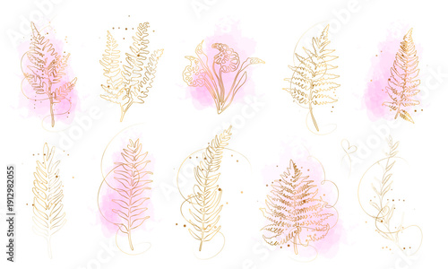 Elegant gold line fern leaf composition, modern botanical minimal illustration. Minimal gold line fern composition with abstract swirl, elegant botanical decorative element.