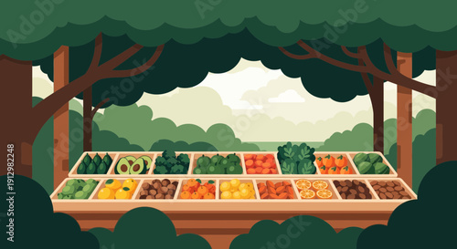 Vibrant Vegetable Stand in Forest Setting Illustration.
