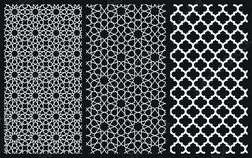 Set of three vertical white Islamic geometric patterns featuring star tessellations and quatrefoil motifs vector on  black background