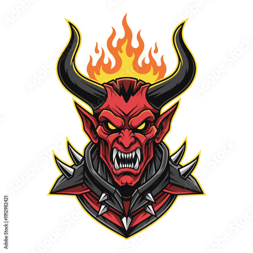 Scary Red Devil With Horns And Flames Illustration