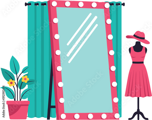 Fashion Boutique Fitting Room Interior with Illuminated Mirror Mannequin Dress and Decorative Plant Vector Illustration