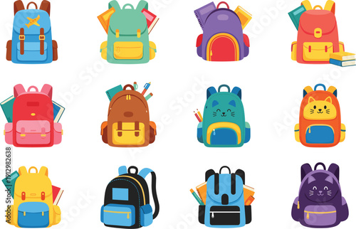 Colorful School Backpack Collection with Books and Supplies Cute Cartoon Vector Set for Education Design