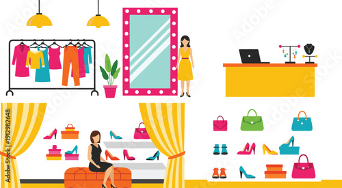 Fashion Boutique Interior Vector Illustration with Clothing Rack Shoes Handbags Cash Counter and Fitting Mirror