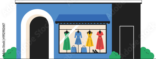 Fashion Store Front Exterior with Display Window Dresses and Modern Boutique Facade Vector Illustration