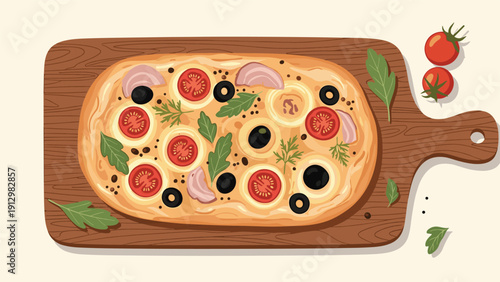 Top view illustration of a homemade focaccia bread with tomatoes, olives, and herbs served on a wooden cutting board.
