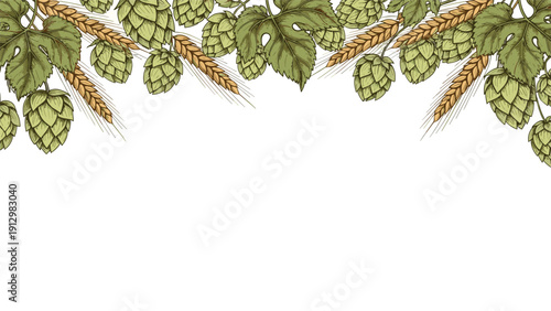 A horizontal top border of green hops and golden wheat ears, hand-drawn in a vintage style for beer-related designs.