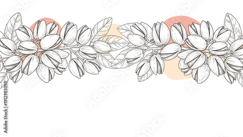 A horizontal seamless border made of hand-drawn pistachio nut branches with abstract colored circles in the background.