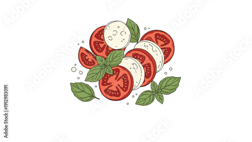 A fresh and delicious Caprese salad with sliced tomatoes, mozzarella cheese, and basil leaves in a hand-drawn style.