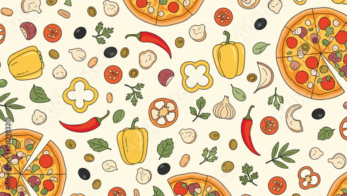 A seamless pattern of pizzas and fresh ingredients like peppers, mushrooms, and olives on a light-colored background.